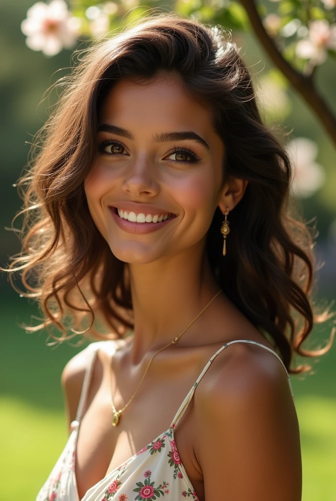 Beautiful Latina woman with a medium to dark skin tone, wearing a light and colorful dress with floral patterns (20 years old, innocent face, naturally wavy hair, brown eyes), upper body selfie, masterpiece, superior quality, ultra-detail. She is in profile, her hair falling in natural curls around her face, framing her large brown eyes that shine with curiosity. Her smile is sweet and sincere, revealing perfect teeth. In the background, a lush green park with flowering trees adds a touch of freshness to the scene. The sunlight gently caresses her face, accentuating the softness of her features. The photo is taken in portrait mode, capturing every detail with exceptional sharpness. She also wears delicate jewelry, such as gold earrings and a thin necklace, adding a touch of elegance to her appearance. Her nails are manicured and painted in a pastel color, completing her refined look. Ensure the skin tone of her face matches the rest of her body. Add natural skin textures and slight imperfections to enhance realism