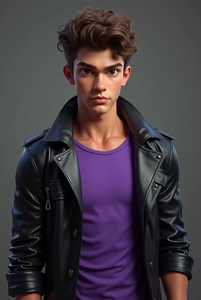 Buff teenage boy with curly brown hair and big brown eyes wearing a purple t shirt and black leather trench coat 