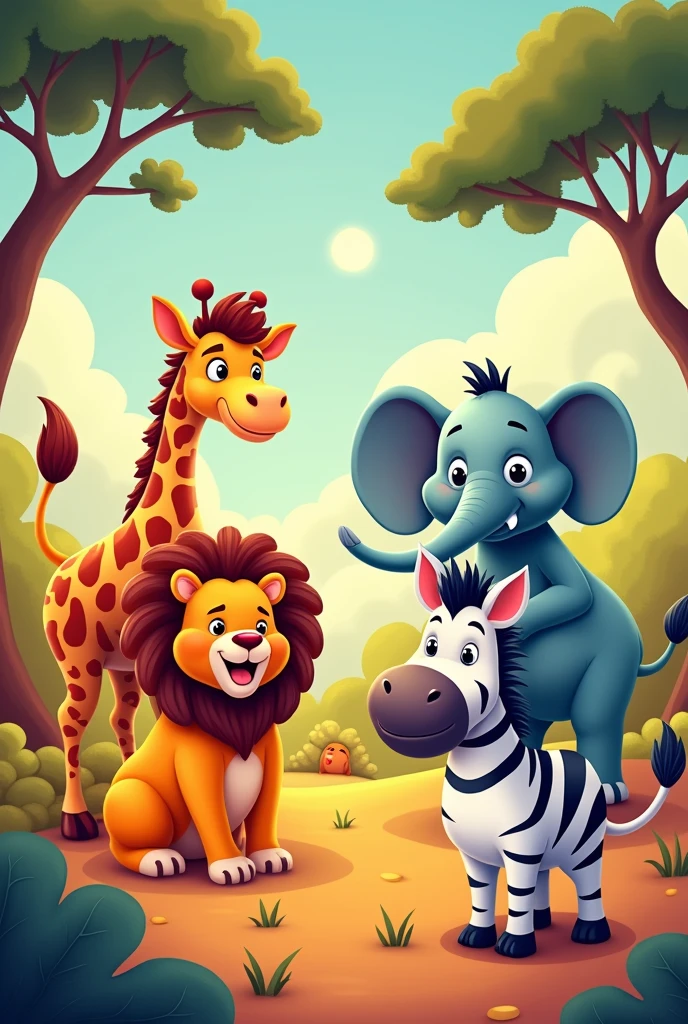  A set of cartoon-style lions, elephants, giraffes, and zebras in vibrant colors.