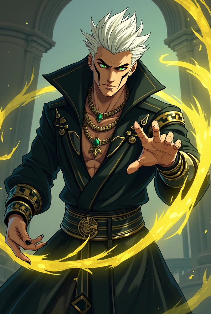dnd, dungeons and dragons, adult snake man, normal round human ears, serpent, snake guy, sorcerer, slender, acid magic, caustic magic, magic, casting a spell, solo, single person, portrait, action pose, tanned white skin, symmetrical black snake scales on cheeks, tattoo on lip and chin, medium spiky white hair with black streaks, black highlights, black fingernails, green snake eyes, reptile eyes, handsome, male, anime, ornate black robes with hood, black hood up, gold jewelry with black gems, noble, rich, black and yellow magic, putrid, slime, goo, ((masterpiece, best quality)), trending artwork
