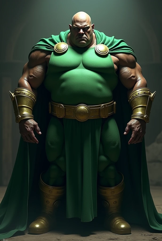 Crea doctor doom, calvo, chubby dark-skinned man and his suit is green