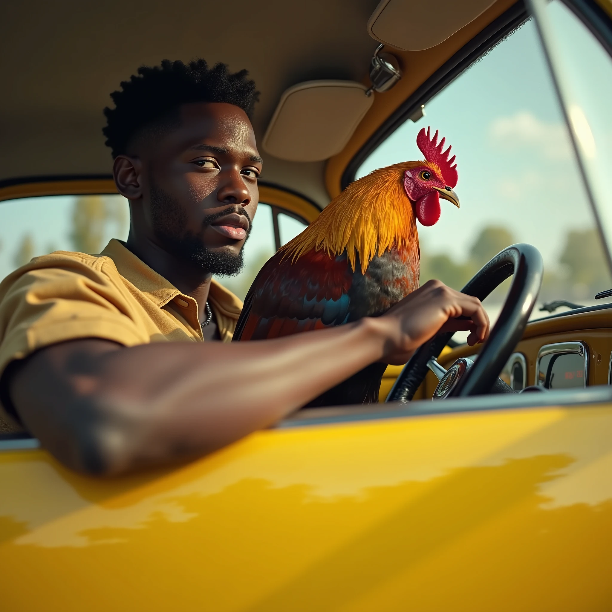 unparalleled Black person driving a yellow Beetle and carrying a pet rooster, a black man driving a yellow Volkswagen Beetle car, holding a pet rooster, detailed facial features,ultra professional photorealistic, ultra high quality, intricate details, colorful, dynamic lighting, hyperrealistic, octane render, cinematic,(insane unrealengine5,epic tMasterpiece,max best quality, ultra highdef,XT3,ultra highres),ultra-detailed,ultra sharp focus, varies,multi, etc. --v 6 --s 1000 --c 20 --q 500 --chaos 100