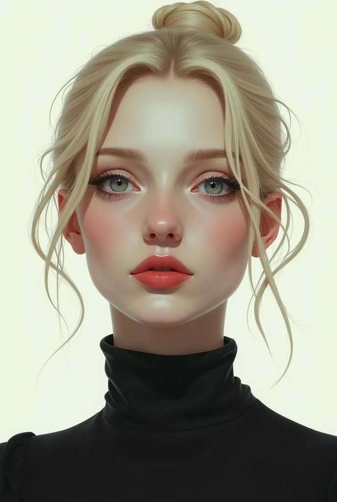 Draw a picture of a blonde woman with her hair tied up, with an empty look without feelings, with pale skin, reddish lips and simple but attractive features