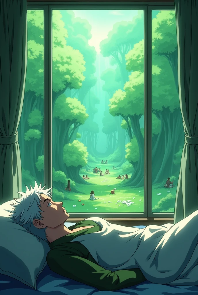 4k anime which Satoru Gojo is stretching on his bed while looking at people sitting on a green word ABSTRACT through his window