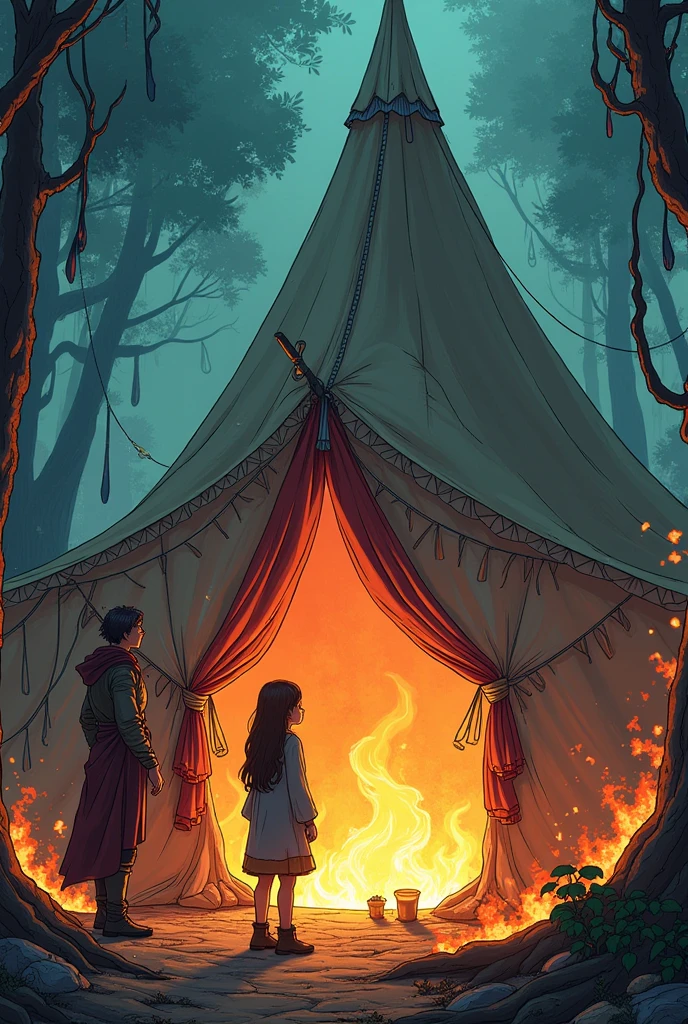 Create a lineart illustration Scene: Sayne and the Magic Tent: An image of Marine looking up at the tent where Sayne is brewing the potion. Flames burst from the ground, and the boiling potion emits mystical smoke. Sayne can be seen in profile, muttering incantations with a look of intense concentration.