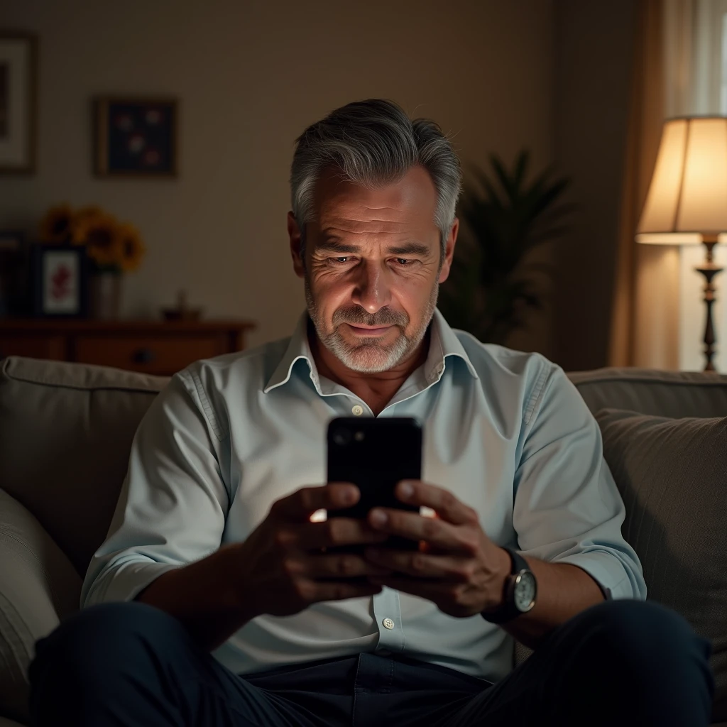 Generate the image of a handsome man in his late fifties, dressed casually at home. He should be described as someone who looks at his phone with a secretive attitude.