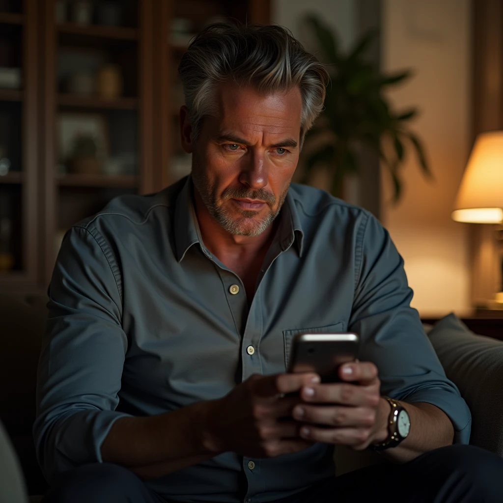 Generate the image of a handsome man in his late fifties, dressed casually at home. He should be described as someone who looks at his phone with a secretive attitude.
