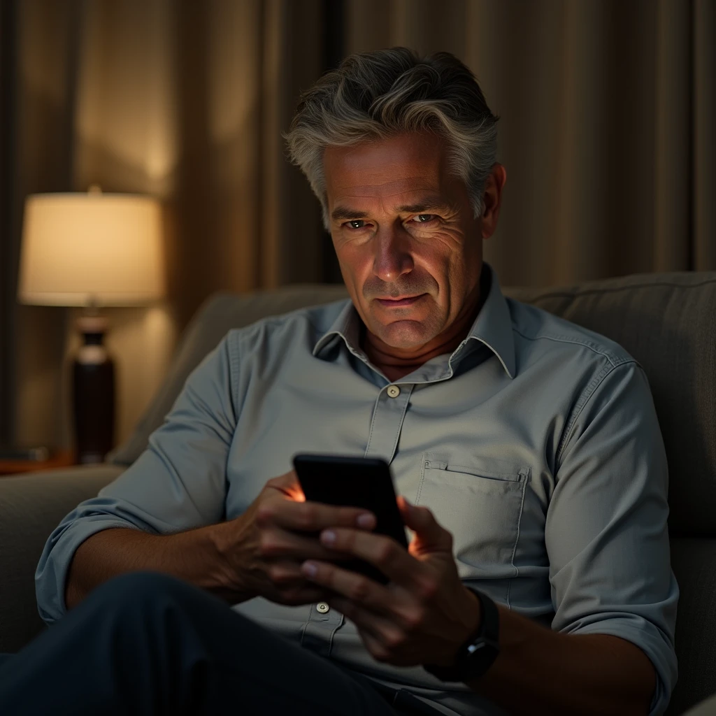 Generate the image of a handsome man in his late fifties, dressed casually at home. He should be described as someone who looks at his phone with a secretive attitude.