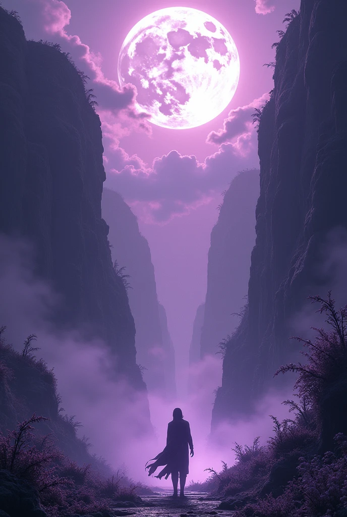 The Moon in a magical and mysterious and terrifying landscape where Satoru Gojo is seen thrown into a gigantic purple void