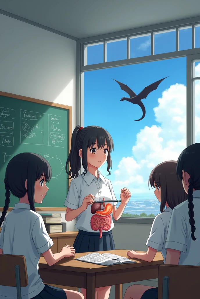 A Japanese girl is in a classroom. She is studying the digestive system. There are five other girls. On the board is a picture of a stomach. There is a model of a stomach. She looks out the window. There is a black dragon in the sky.