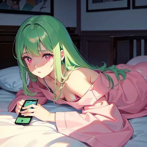 Highest quality images, anime style ilustration, neon pink eyes, very detailed background, perfect lighting, Whole body, Side Shot, a young woman, 20 years, height 171 cm, B 80, W 30 y H 85, alone, long mint green hair, white-colored pajamas, She is lying face down on the bed, In his bedroom, holds his cell phone, She has red-face
