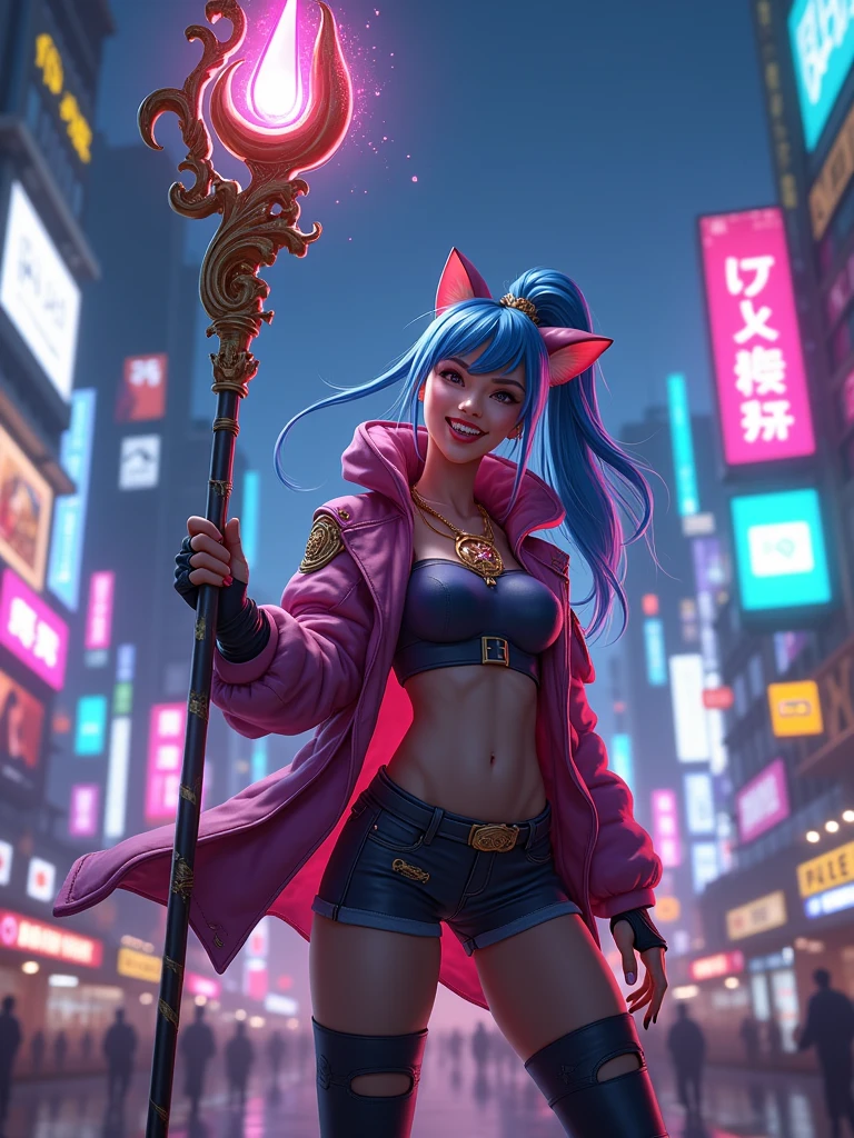 the character Luxi from lol wild rift happy holding her staff, Tokyo city background at night with lots of cyber punk led lights, and in the other hand she is holding an iPhone 13 Pro Max taking a selfie, ultra realisitic, with great quality, selfie photo size