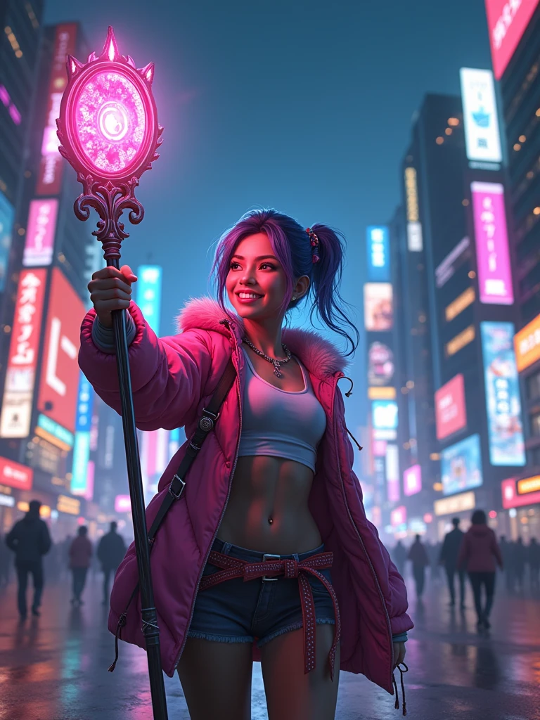 the character Luxi from lol wild rift happy holding her staff, Tokyo city background at night with lots of cyber punk led lights, and in the other hand she is holding an iPhone 13 Pro Max taking a selfie, ultra realisitic, with great quality, selfie photo size