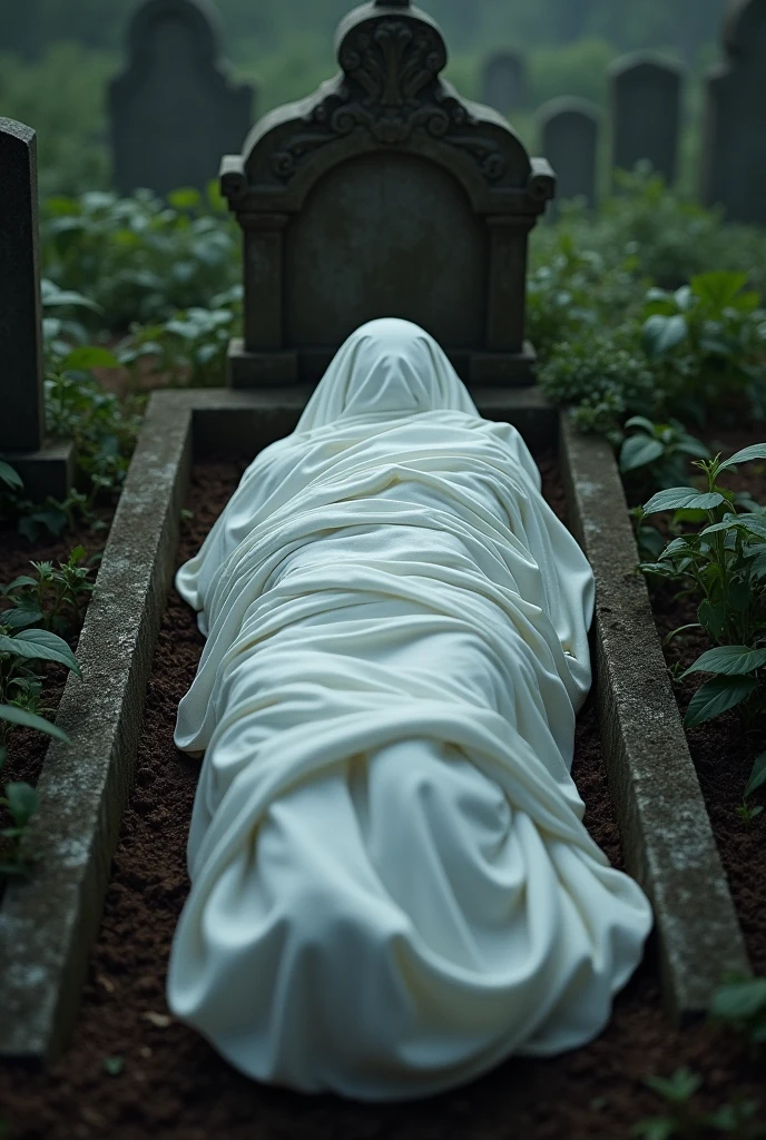 (photorealism:1.2), grave in which a dead body is there in wrapped in white clothes