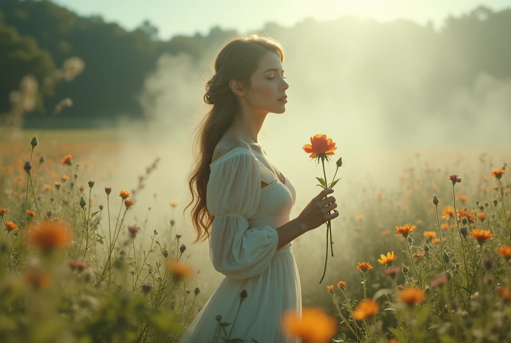 (Photorealism:1.2), high quality, 8K Ultra HD, A cinematic masterpiece unfolds: A beautiful woman stands on a serene meadow, smiling softly as she holds a delicate rose in her hand. Everything in the scene begins to fade away, dissolving into dust, including the woman herself, symbolizing the ephemeral nature of life. The dust swirls gently in the breeze, reminding us that nothing can last forever. The image captures a poignant moment with intricate details, soft lighting, and a melancholic atmosphere. Rendered in 32k ultra-high definition, the dynamic lighting enhances the realism, creating a hauntingly beautiful scene.The image captures an epic cinematic scene, brilliantly detailed with intricate elements and dramatic atmospheric lighting. Rendered in 32k ultra-high definition, dynamic lighting casts hard shadows, achieving exquisite realism. The scene blends realistic, intricate details with cold colors, creating a somber atmosphere. Captured with a 50mm lens at f/2.8 for optimal depth of field, the result is an extremely realistic, photo-realistic illustration with enhanced, dark, and cinematic lighting.