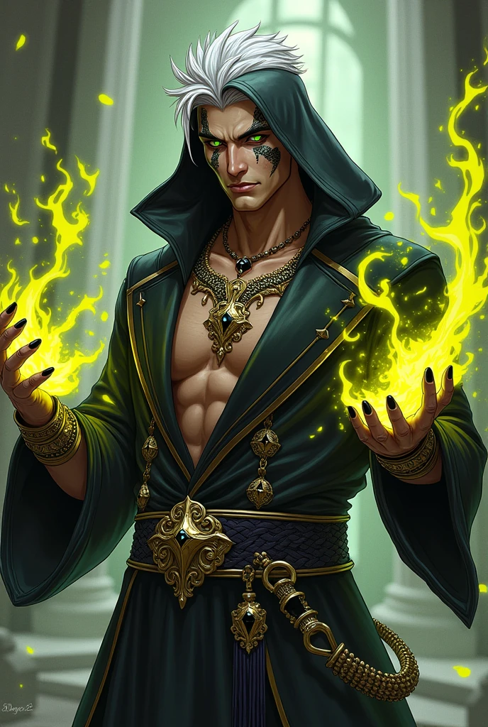 dnd, dungeons and dragons, adult snake man, normal round human ears, serpent, snake guy, sorcerer, slender, acid magic, caustic magic, magic, casting a spell, solo, single person, portrait, action pose, tanned white skin, symmetrical black snake scales on cheeks, tattoo on lip and chin, medium spiky white hair with black streaks, black highlights, black fingernails, green snake eyes, reptile eyes, handsome, male, anime, ornate black robes with hood, black hood up, gold jewelry with black gems, noble, rich, black and yellow magic, acidic, putrid, slime, goo, ((masterpiece, best quality)), trending artwork