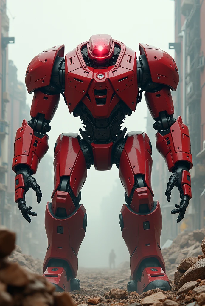 Artificial intelligence with wide bulky body red design with laser eyes and background image like destruction