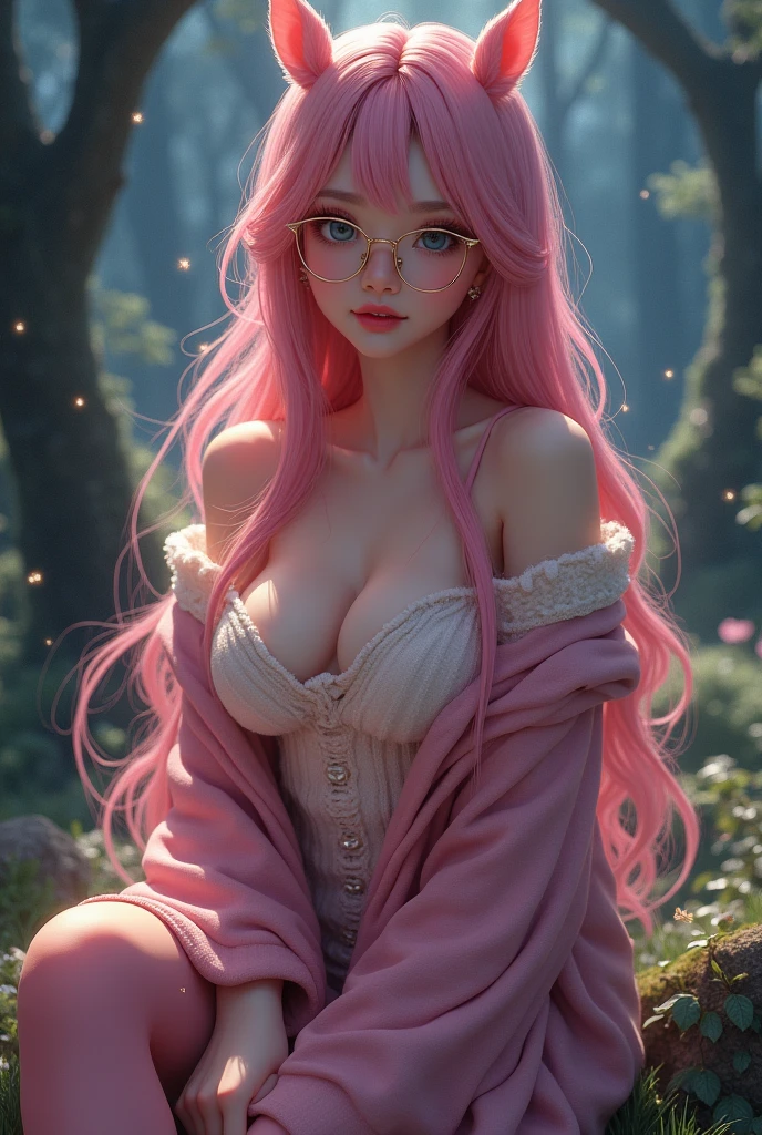 masterpiece, best quality, highly detailed, 1girl, solo, hair down, long hair, off shoulder sweater, pink tights, glasses, looking at viewer, smile, blush, Wide Smile, Eyes Detailed & Wide, sexy Pose. Ultra HD, Rococo-Inspired Fantasy Art With Intricate Details. Cute, Charming Expression, Alluring-Gaze, looking at viewer Beautiful Eyes, An-Ideal-Figure. Large Youthful Well-Shaped-Breasts, plump breasts, Massive-Round-Bosom, C cup, Décolletage. slim waist, fit body, full lips, Warm lights , woman in a starry forest at night, with straight hair, delicate face, realistic, real, slim, large aperture, sexy shots, attractive pose, Japanese girl, Asian girl, symmetrical face, photorealistic, photography, path tracing, specular lighting, volumetric face light, path traced hairmaximum quality{(masutepiece) (8K High Resolution) (top-quality), with red eyes, pink hair.