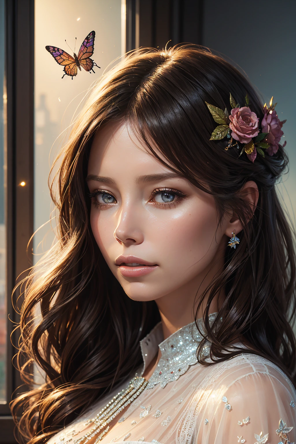 portrait Jessica Biel, wearing beauty butterfly outfit, in a jar, 3 0 3 0 s, wavy hair, intricate, elegant, highly detailed, digital painting, artstation, concept art, smooth, sharp focus, illustration, art by thomas kindkade, charlie bowater, artgerm, greg rutkowski, alphonse mucha and alexandra fomina, 36k, glittering, shining