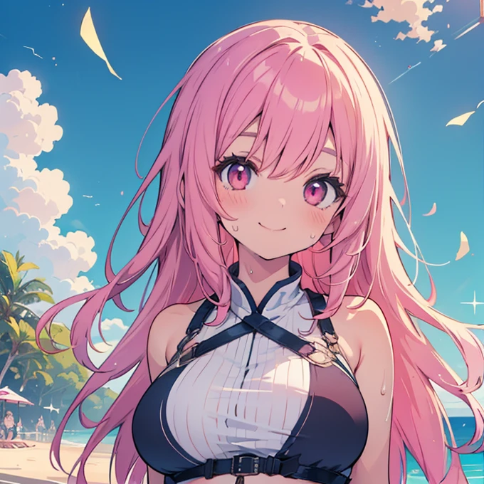 Anime-style illustrations, Lofi Art Style, Anime illustration(flying debris), (Highest quality), Very detailed, ((2 people)), Focus Only，dynamic，((smile))，Perfect Face, Beautiful Face, Very detailedな顔，(Pink long hair_Pink Eyes:1.3)，Swimwear，Idle only，Gorgeous hair ornament,smile，Large Breasts，Sandy Beach，Underarm、Sweat、look up，smile,blush,People around me々，alone, 2 peopleの、Large Breasts, Sparkle Effect, 
