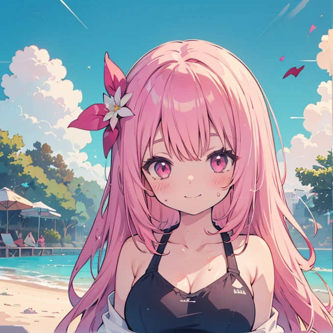 Anime-style illustrations, Lofi Art Style, Anime illustration(flying debris), (Highest quality), Very detailed, ((2 people)), Focus Only，dynamic，((smile))，Perfect Face, Beautiful Face, Very detailedな顔，(Pink long hair_Pink Eyes:1.3)，Swimwear，Idle only，Gorgeous hair ornament,smile，Large Breasts，Sandy Beach，Underarm、Sweat、look up，smile,blush,People around me々，alone, 2 peopleの、Large Breasts, Sparkle Effect, 