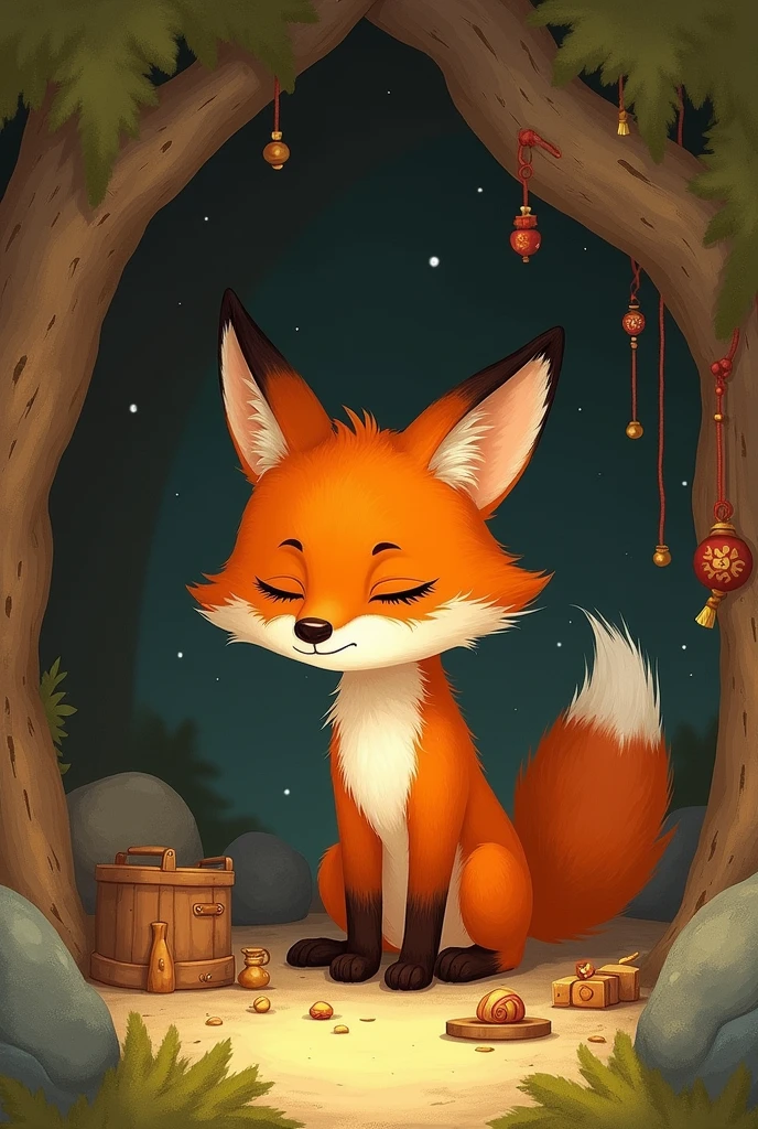 A picture book-like illustration of a fox feeling regretful in his den.