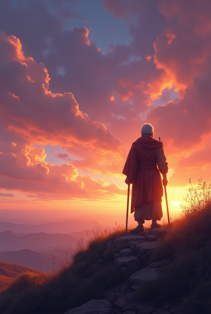 Epictetus Gazing at the Sky:
Prompt: "A serene scene of a man standing on a hilltop at sunset. He gazes up at the sky, which is painted with vibrant hues of orange, pink, and purple. His expression is peaceful and reflective, capturing the tranquility of the moment and his inner sense of freedom." Which is related to old ones