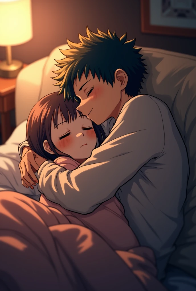 Shoto todoroki in my hero academia sleeping sitting on the couch with a girl in his arms 