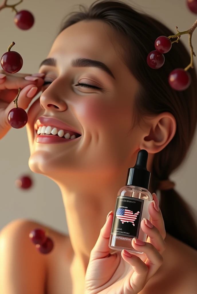 A woman with a happy face , doing your skin care,  in the scene there are grapes falling on her face, with a close-up capturing the translucent smoked dropper bottle with black label and gold letters reading trans resveratrol, the label contains the outline of the US map filled with the US flag.