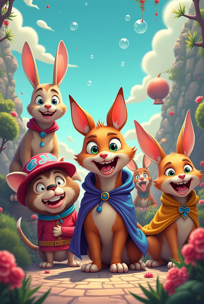 Cartoon animals with funny expressions or in silly costumes