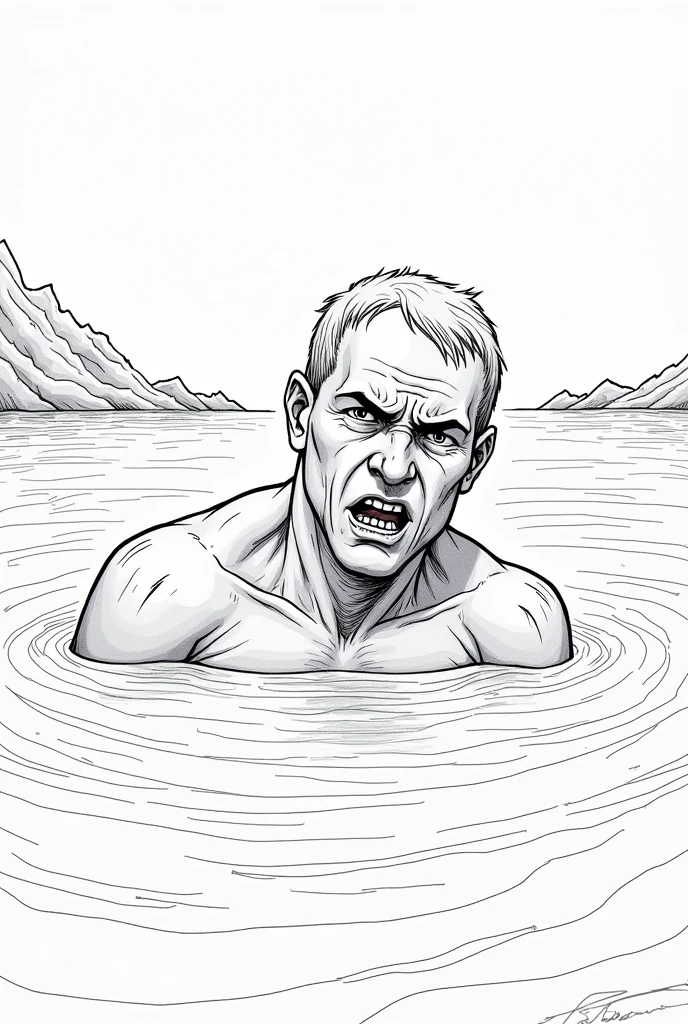 Create a lineart illustration Scene: Show Marine partially submerged in the freezing water, with a look of fear and despair on her face. The water is up to her chin, and you can represent the contrast between the coldness of the water and the warmth she feels inside, perhaps with a slight aura around her body.