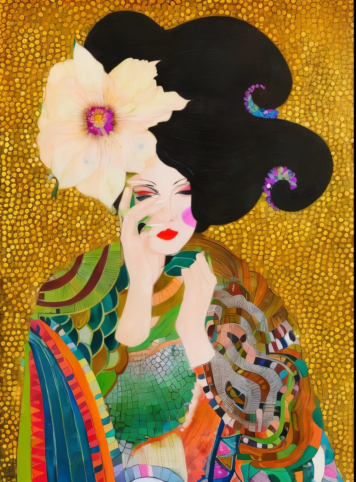 painting of a woman with a flower in her hair, art deco flower shaman, inspired by Yoshitoshi Mori, woman in flowers, girl with a flower head, girl with a flower face, by Maryam Hashemi, inspired by Itō Shinsui, by Neysa McMein, by Yanagawa Nobusada, inspired by Diane Dillon