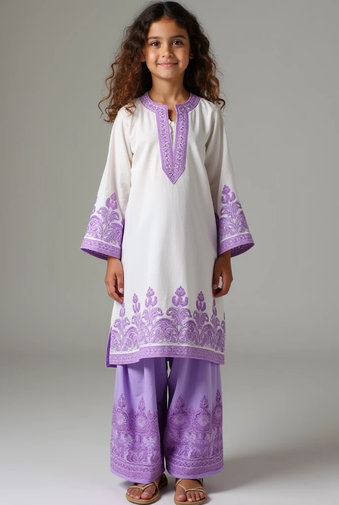 Pakistani style Co-ords short kamiz and wide salwar dress beautiful unique design with lower part ambroidary white and purple color combination with a sweet curly hair model girl