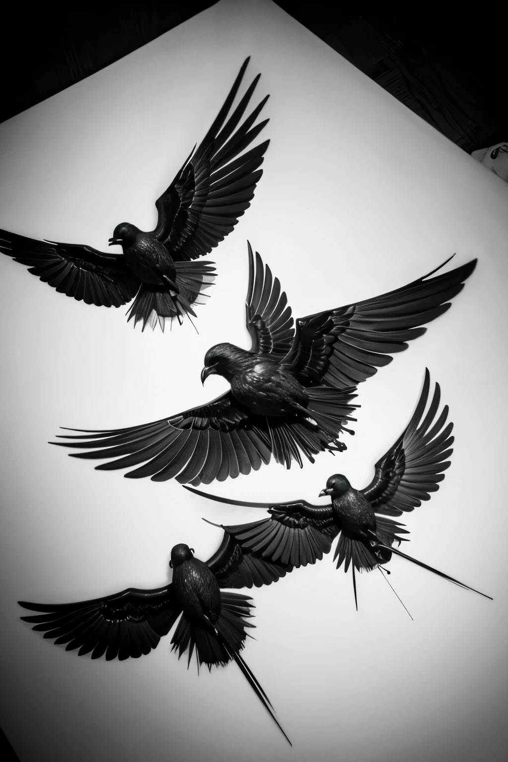 Create a black and white tattoo style image of two flying birds with tattoo strokes