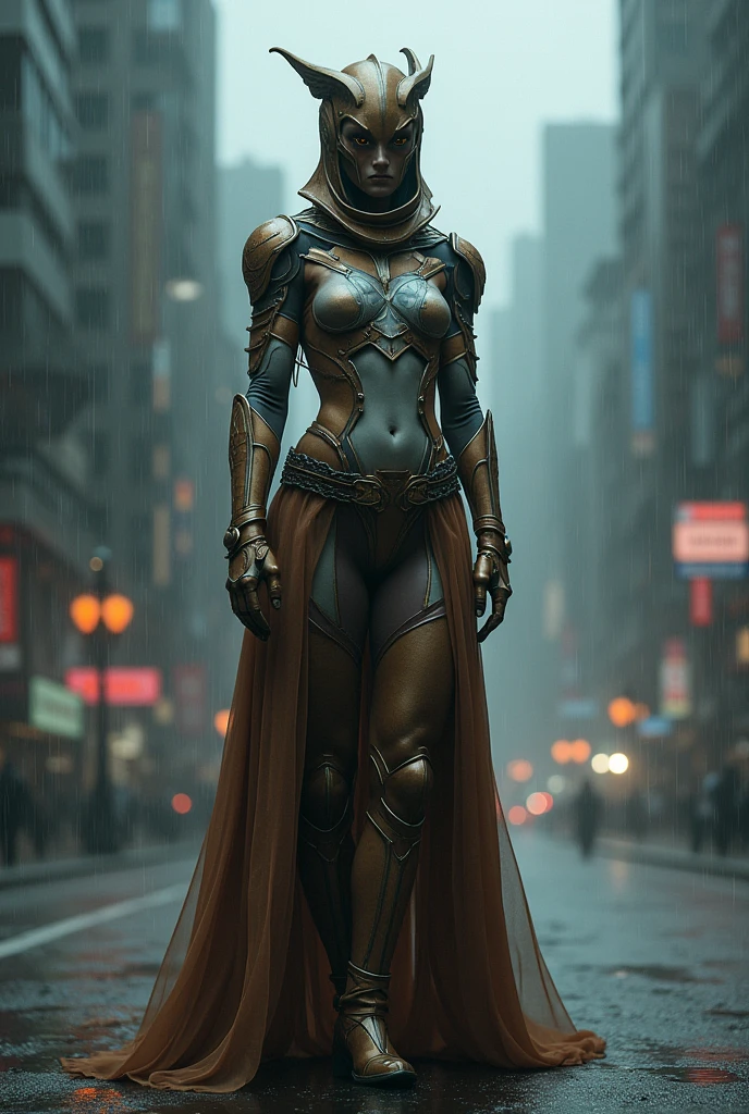 Female warrior,alien body invasion,Heavy metals,energy line,anonymous,bright eyes,elegant,excruciating,brown and white uniform,helmet bị biến dạng,Alone,modern,city,street,Dark Clouds,Thunder,heavy rain, ,Impressive lighting,,(Masterpiece:1.2), Highest quality, High resolution, Beautiful detail, high detail, perfect light, helmet, Dark Clouds, desert