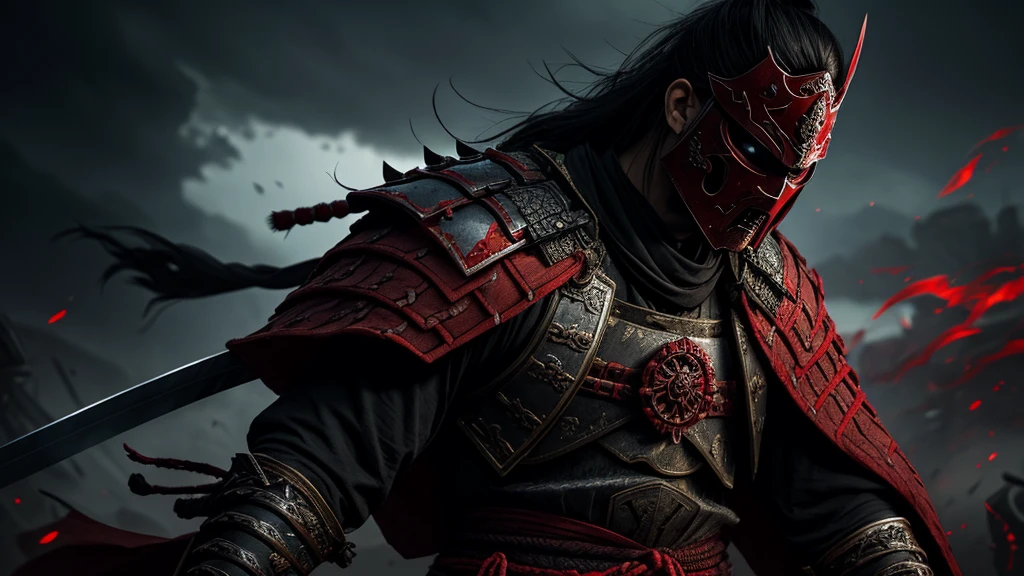 In the shadows of a forsaken kingdom, a blood-soaked samurai warrior stands tall, his katana stained with the crimson essence of his enemies. The image, a stunning digital painting, captures the intensity of the warrior's gaze and the intricate design of his armor, which gleams with a dark, ominous sheen. Every detail, from the menacing mask he wears to the intricate embroidery on his battle-worn garments, oozes with a sense of foreboding power and undeniable skill. This captivating depiction of a dark fantasy blood samurai exudes a sense of raw, primal energy that is sure to leave viewers in awe.