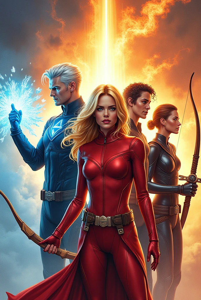 create a comic book image: Lucas till with ice powers and white hair, Kristine froseth blonde and with sun powers, madelaine petsch wearing a red outfit with a bow and arrow, Joe keery holding a sword