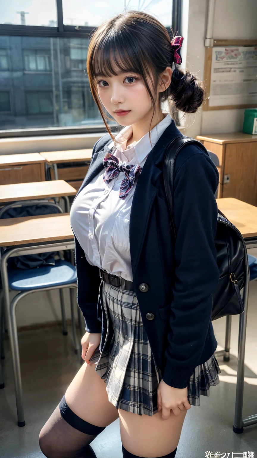 masterpiece, best quality, illustration, Super detailed, fine details, High resolution, 8K,wall paper, perfect dynamic composition,(Details High quality, realistic depiction of eyes:1.3), from side, High School Classroom、High school girl uniform、blazer 、Super Short Check Uniform Skirt、Navy blue high socks、garterbelts、plump breasts, Disturbed uniform, (updo:1.2), black hair color, large breasts, Big Natural Color Lip, bold sexy pose, (perfect body shape), crying a little、20 year old girl、cute type, beautiful legs, hposing Gravure Idol, Voluptuous thighs
