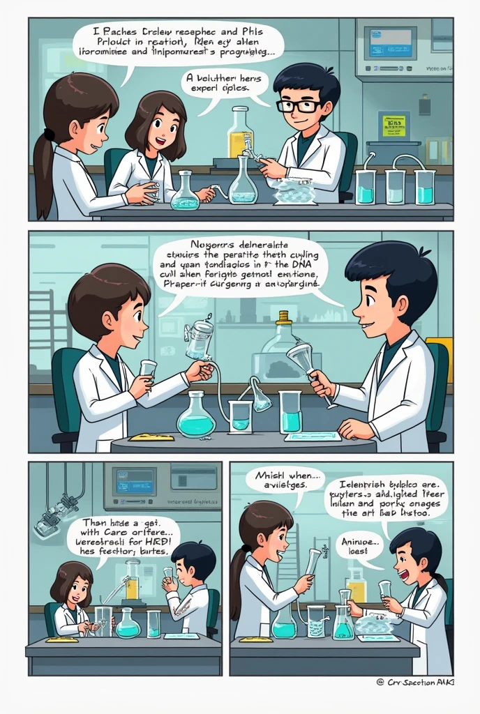 Visually show how the PCR technique is performed in a comic strip.

