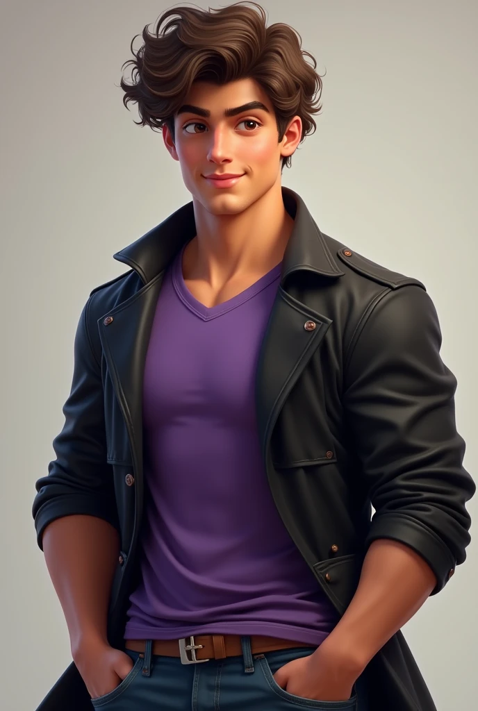 Buff cute teenage boy with curly brown hair and big brown eyes wearing a purple t shirt and black trench coat