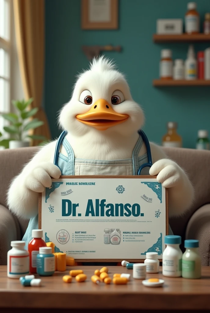 A duck white colour wearing white and blue apron,with stethoscope, hyper realistic, fatty and cute appearance, showing advertisement of drugs , with holding a board showing capsules of gas.
White colour duck ,
Written Dr. Alfanso
Behind board showing different medicines and capsules,tonics.
Dr. ALFANSO written on every tonics with name ,
Pain killer and gas capsules .
Duck sit on sofa and front table with capsules