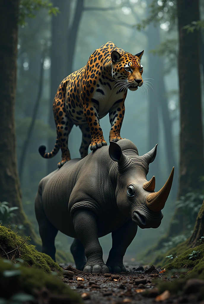 Jaguar standing on a dead Rihno that it fought.
 In a dark forest