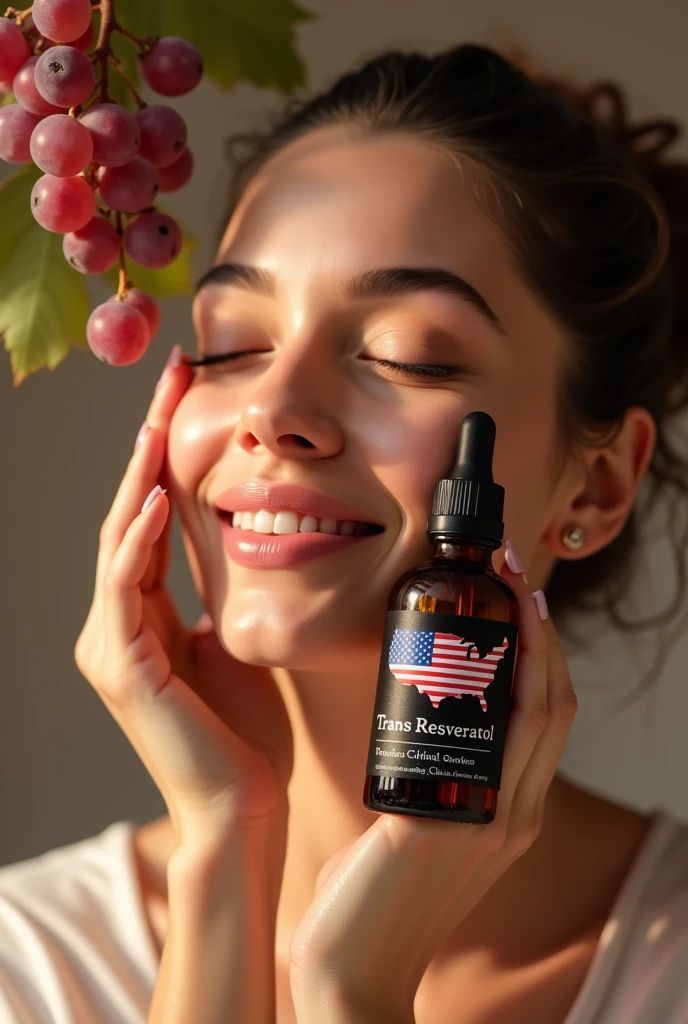 A woman with a happy face , doing your skin care, in the scene there are grapes falling on her face, with a close-up capturing the translucent smoked dropper bottle with black label and gold letters reading trans resveratrol, the label contains the outline of the US map filled with the US flag.
