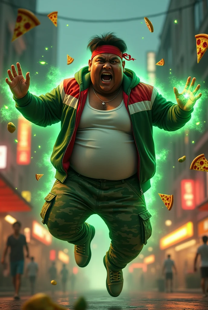 20year old bangladesh man , nepal ( chubby body type. body.) sharp eyes. chubby face. dark skin. man . Anger face. Open mouth. wear headband red whitr. . wearing an (green red stripe jacket) future shirt . anger faces, short hairstyle.wear white singlet . Dramatic.. at city ,( camouflauge green)cargo pant,, detailed face, cinematic lighting, dramatic atmosphere,.hot day. vibrant colors, 8k, high quality, photorealistic. Hero suit.. ha,army green logo design on pant . Very strong. Future design dress. Very epic. Very hot background.. dark sky. Very strong . . Flying floating glowing pizza, candy. chocolate bar everywhere..Floating small rock small rock glwing green everywhere.have a power turn anything to the food.  ))green two finger on both side. upper tilt shift shoot photograpy. jump effect. panning effect. 
