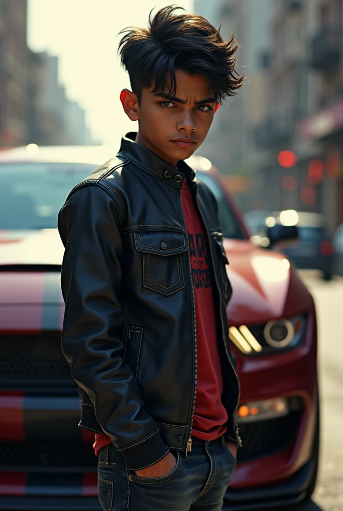 15 year Indian boy gangster look
Mustang shelby on background