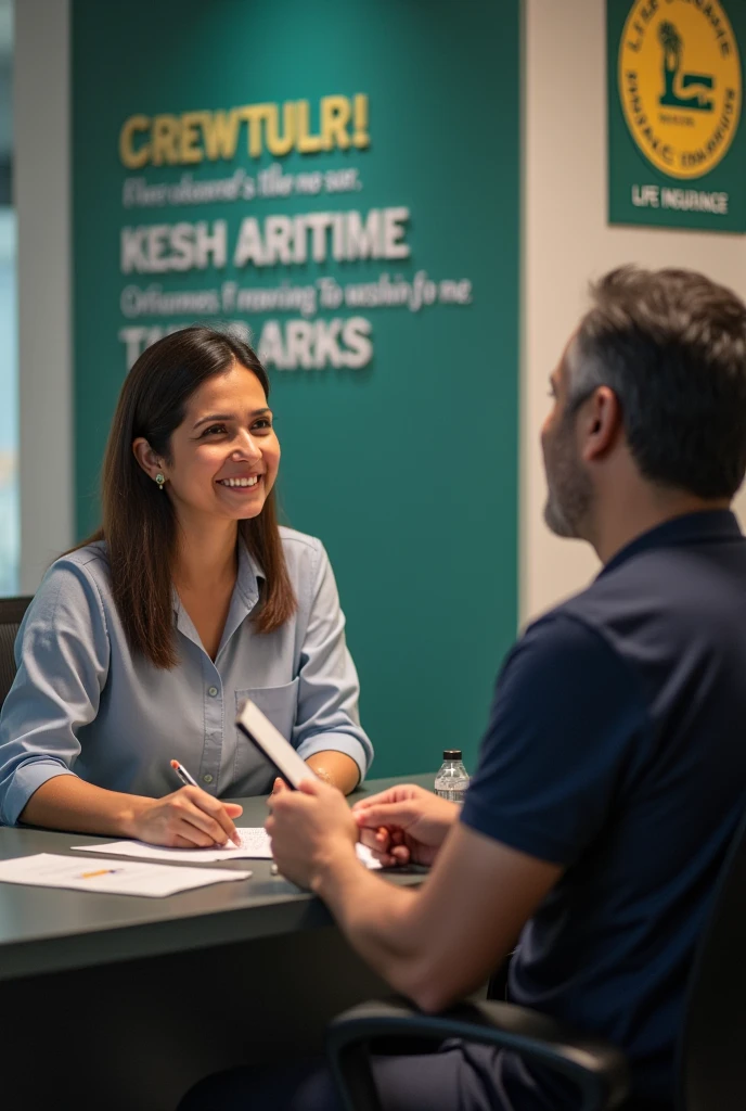A man is an lic agent and selling policy to a customer and showing that both are satisfied with each other and lic clearly showing in the images.