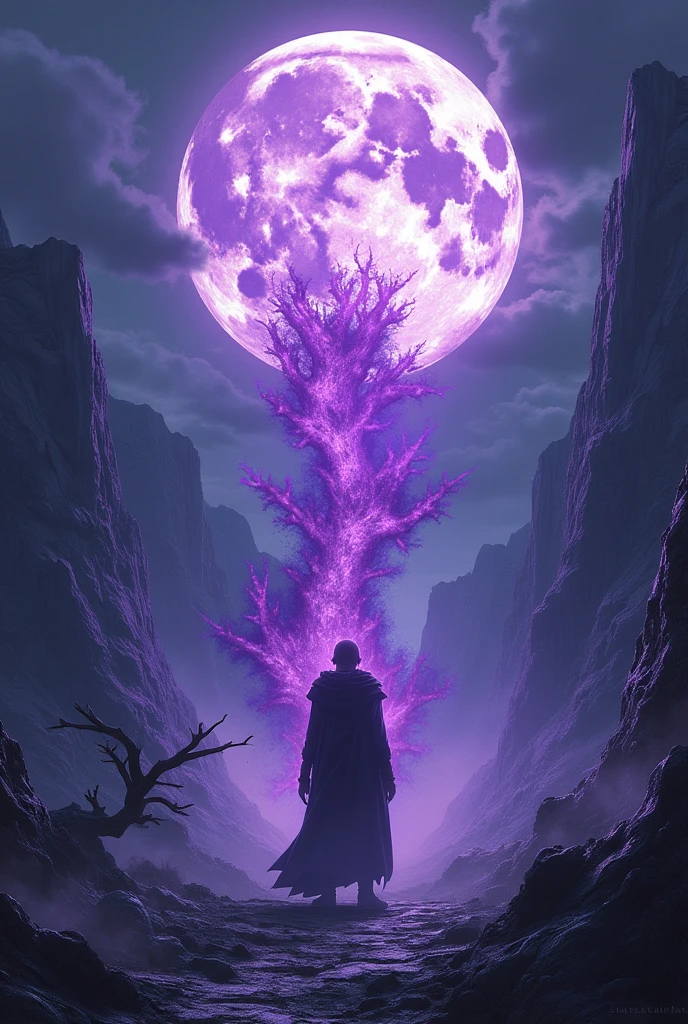 The Moon in a magical and mysterious and terrifying landscape where you can see Satoru Gojo launching his gigantic purple void ritual technique