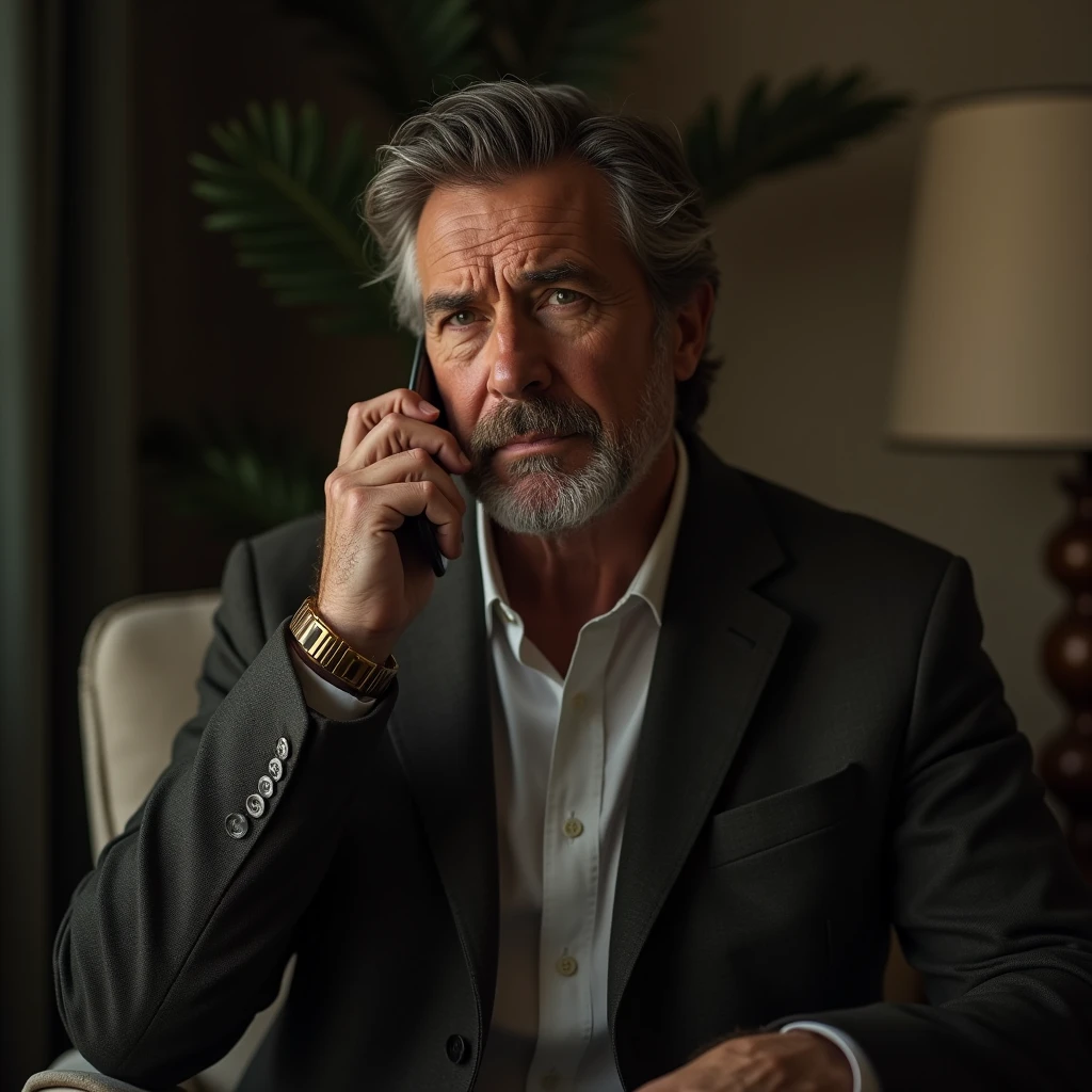 Generate the image of a handsome man in his late fifties, dressed casually at home. He should be described as someone who talk at his phone with a secretive attitude.