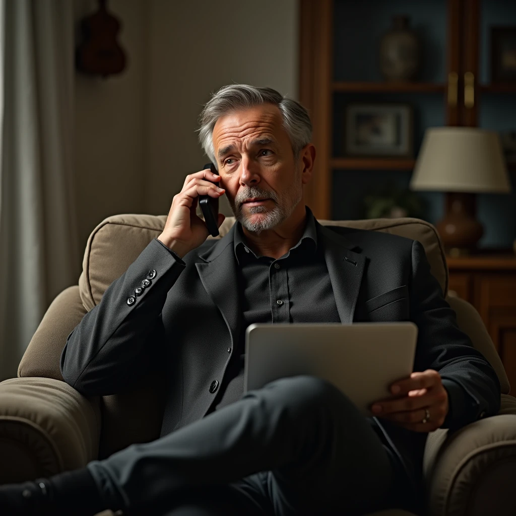 Generate the image of a handsome man in his late fifties, dressed casually at home. He should be described as someone who talk at his phone with a secretive attitude.