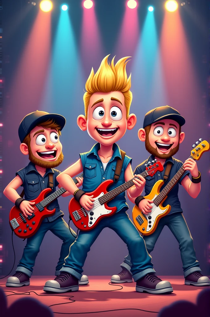 Draw in a cartoon way a music band with a drummer with a short blond mullet playing in the middle, a guitarist with shaved head and a cap and a bass' musician with a beard and shaved head with a cap on the left